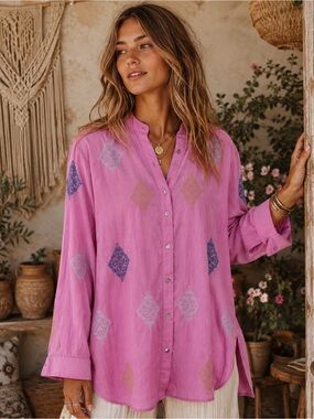J. Jill Boho Embroidered Cotton Button Shirt